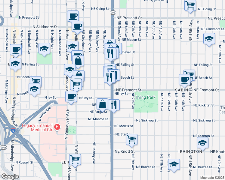map of restaurants, bars, coffee shops, grocery stores, and more near NE Martin Luther King Jr Blvd & NE Fremont St in Portland