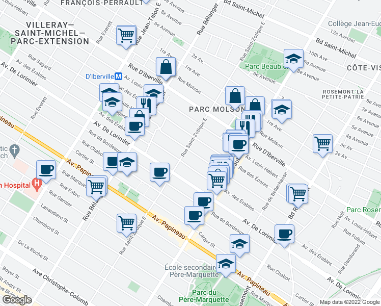 map of restaurants, bars, coffee shops, grocery stores, and more near 6686 Rue Louis-Hémon in Montréal