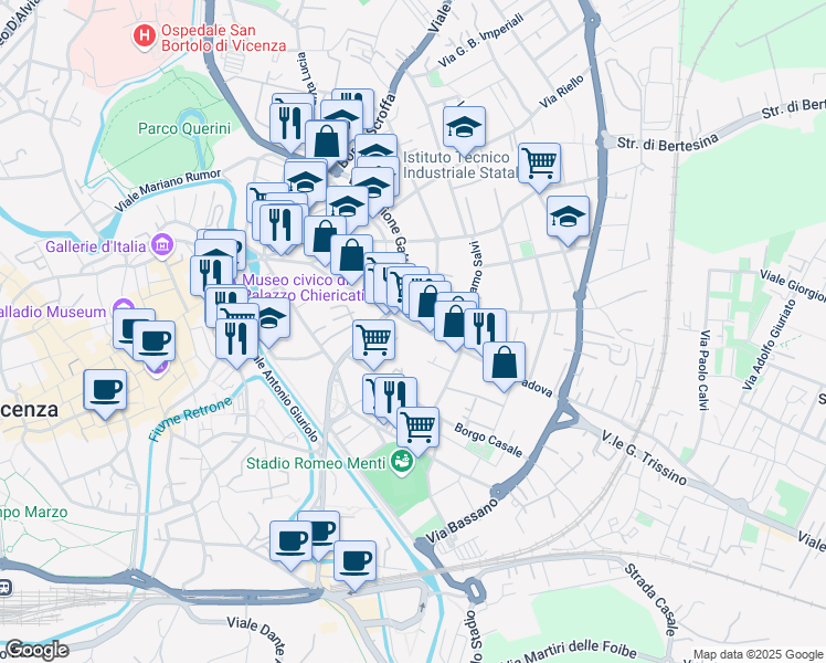 map of restaurants, bars, coffee shops, grocery stores, and more near 44 Corso Padova in Vicenza