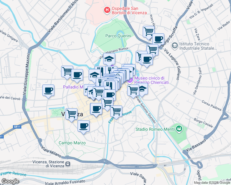 map of restaurants, bars, coffee shops, grocery stores, and more near 12 Stradella San Gaetano da Thiene in Vicenza