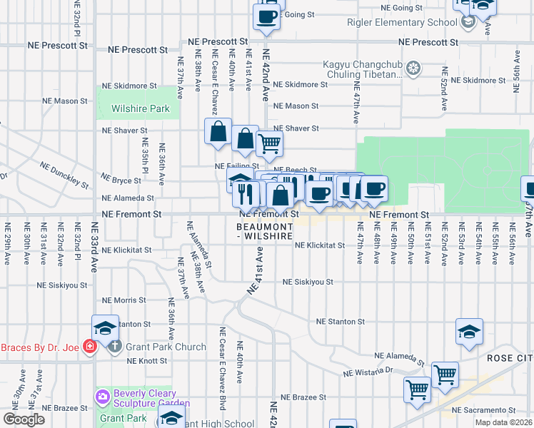 map of restaurants, bars, coffee shops, grocery stores, and more near 4118 NE Fremont St in Portland