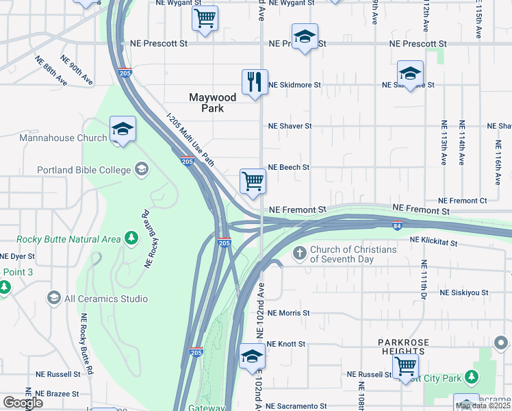 map of restaurants, bars, coffee shops, grocery stores, and more near 3511 Northeast 102nd Avenue in Portland