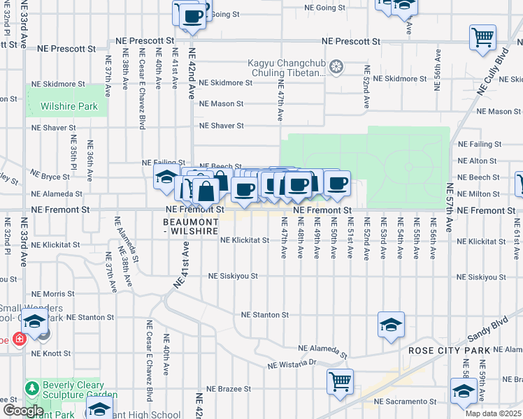 map of restaurants, bars, coffee shops, grocery stores, and more near Northeast Fremont Street & Northeast 46th Avenue in Portland