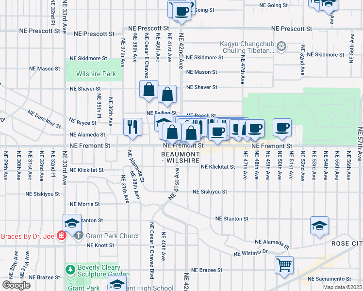 map of restaurants, bars, coffee shops, grocery stores, and more near NE Fremont St & NE 42nd Ave in Portland