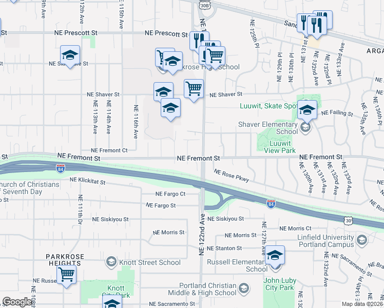 map of restaurants, bars, coffee shops, grocery stores, and more near 3571-3573 Northeast 122nd Avenue in Portland