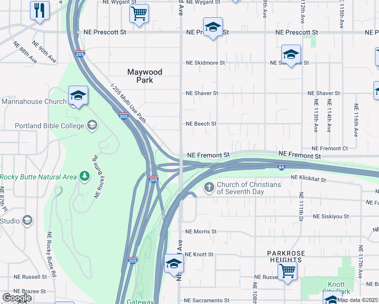 map of restaurants, bars, coffee shops, grocery stores, and more near 3511 Northeast 102nd Avenue in Portland