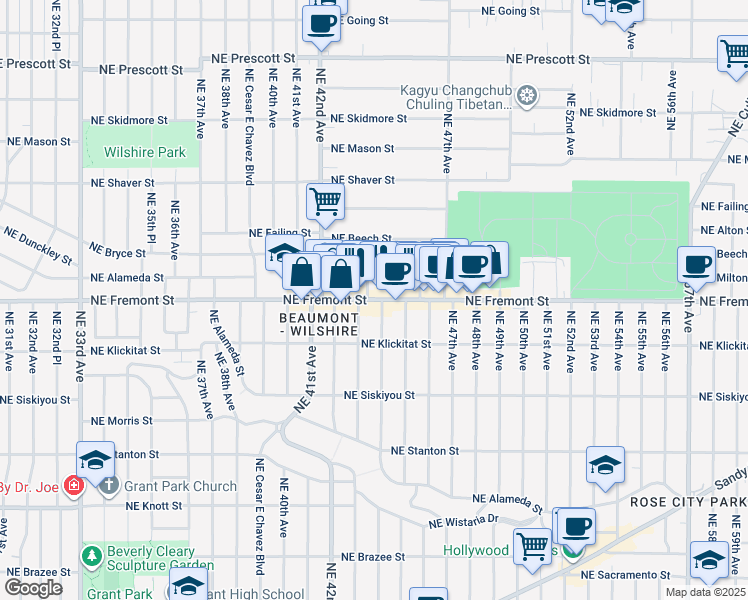 map of restaurants, bars, coffee shops, grocery stores, and more near 3547 Northeast 45th Avenue in Portland