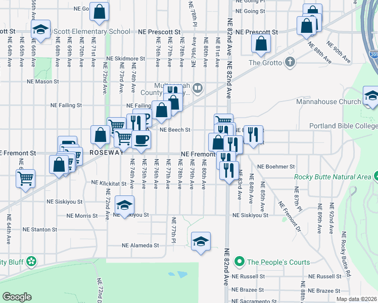 map of restaurants, bars, coffee shops, grocery stores, and more near 3608 Northeast 79th Avenue in Portland