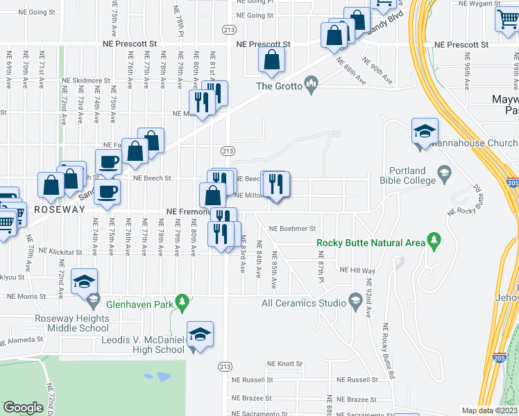map of restaurants, bars, coffee shops, grocery stores, and more near 8343 Northeast Fremont Street in Portland