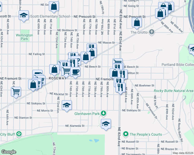map of restaurants, bars, coffee shops, grocery stores, and more near 3506 Northeast 78th Avenue in Portland