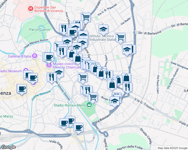 map of restaurants, bars, coffee shops, grocery stores, and more near 44 Corso Padova in Vicenza