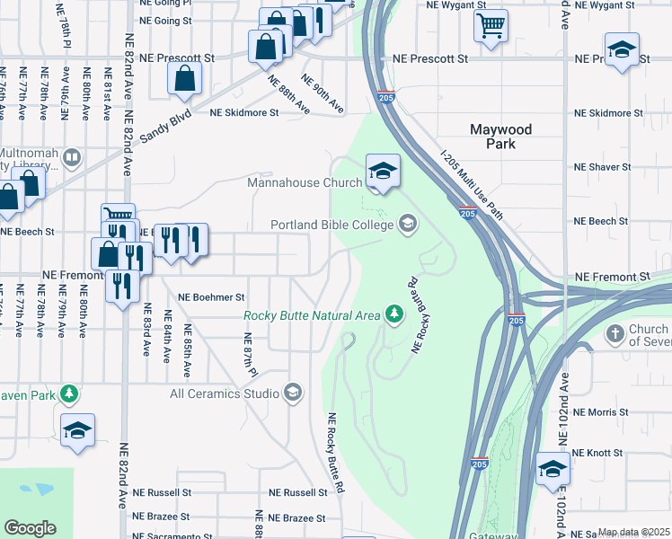 map of restaurants, bars, coffee shops, grocery stores, and more near 3514 Northeast 92nd Avenue in Portland