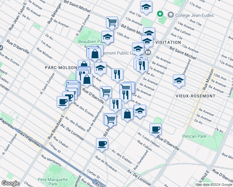 map of restaurants, bars, coffee shops, grocery stores, and more near 5998 1re Avenue in Montréal