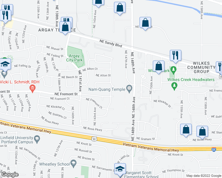map of restaurants, bars, coffee shops, grocery stores, and more near Northeast 145th Avenue in Portland