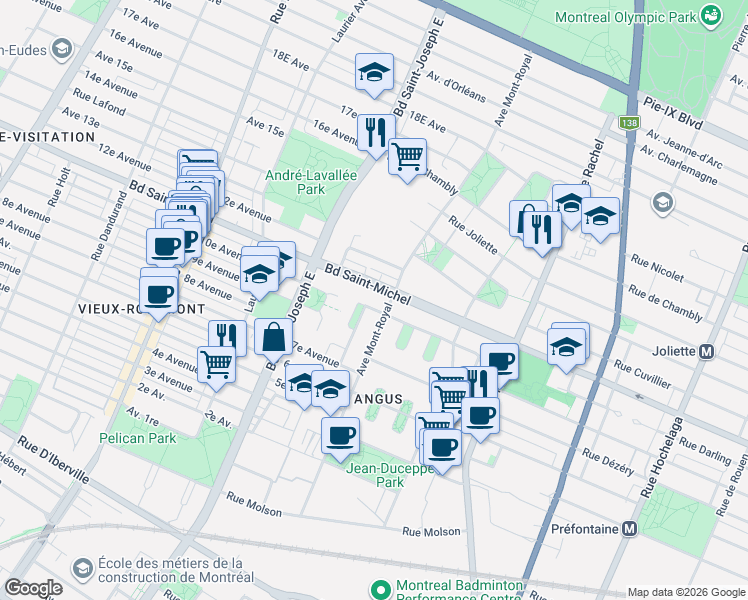 map of restaurants, bars, coffee shops, grocery stores, and more near 4583 Rue du Canadien-Pacifique in Montréal