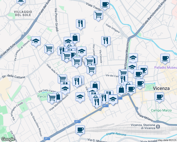 map of restaurants, bars, coffee shops, grocery stores, and more near 85 Via Goffredo Mameli in Vicenza