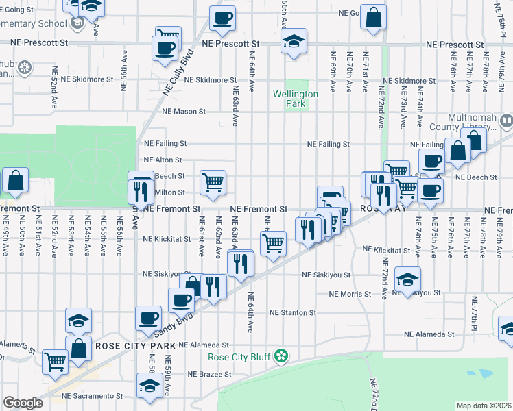 map of restaurants, bars, coffee shops, grocery stores, and more near 3506 Northeast 64th Avenue in Vancouver