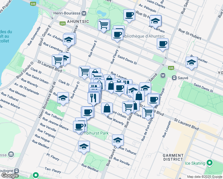 map of restaurants, bars, coffee shops, grocery stores, and more near in Montreal