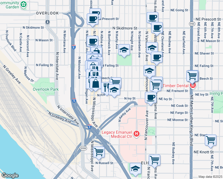 map of restaurants, bars, coffee shops, grocery stores, and more near 3606 North Borthwick Avenue in Portland