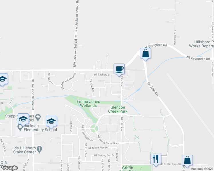 map of restaurants, bars, coffee shops, grocery stores, and more near 3296 Northeast 13th Place in Hillsboro