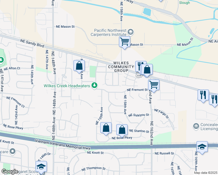 map of restaurants, bars, coffee shops, grocery stores, and more near 15624 Northeast River View Lane in Portland