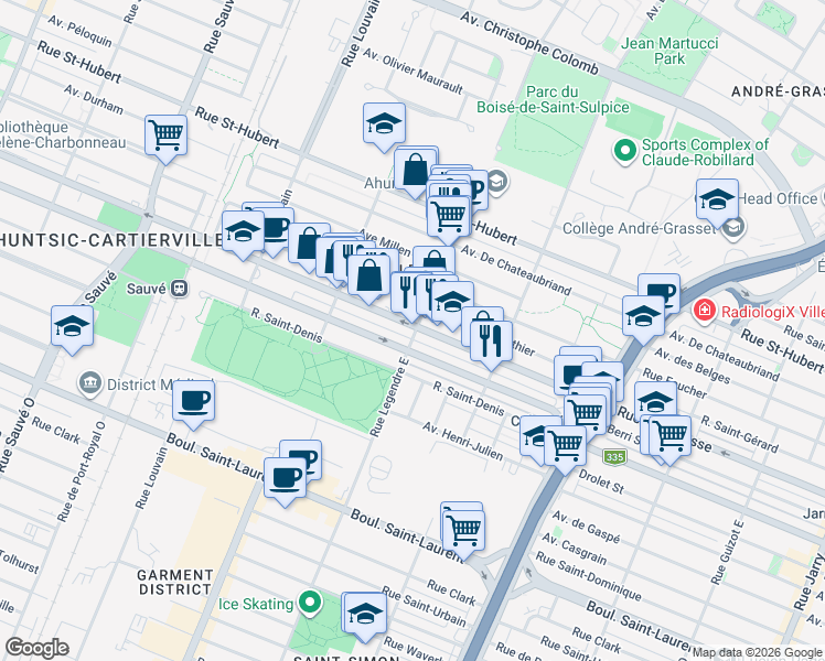 map of restaurants, bars, coffee shops, grocery stores, and more near 9100 Rue Lajeunesse in Montréal