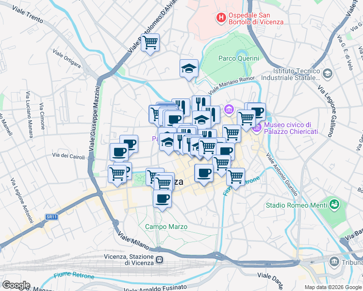 map of restaurants, bars, coffee shops, grocery stores, and more near 86 Corso Antonio Fogazzaro in Vicenza