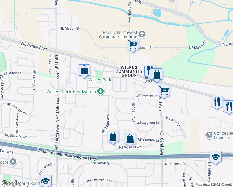 map of restaurants, bars, coffee shops, grocery stores, and more near 15624 Northeast River View Lane in Portland