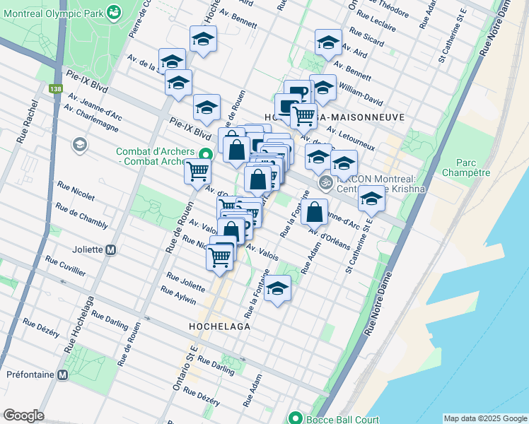 map of restaurants, bars, coffee shops, grocery stores, and more near 1896 Avenue d'Orléans in Montréal