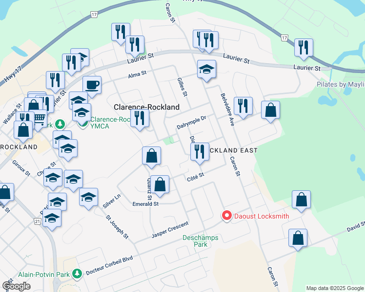 map of restaurants, bars, coffee shops, grocery stores, and more near 466 Dalrymple Drive in Clarence-Rockland