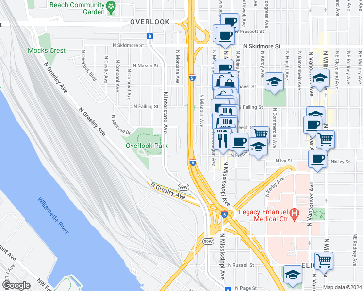 map of restaurants, bars, coffee shops, grocery stores, and more near 3550 North Interstate Avenue in Portland