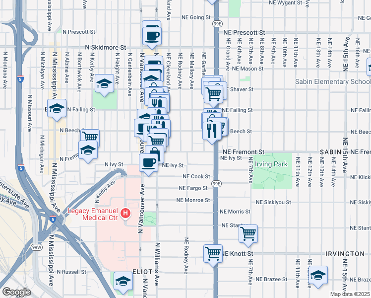 map of restaurants, bars, coffee shops, grocery stores, and more near 113 Northeast Fremont Street in Portland