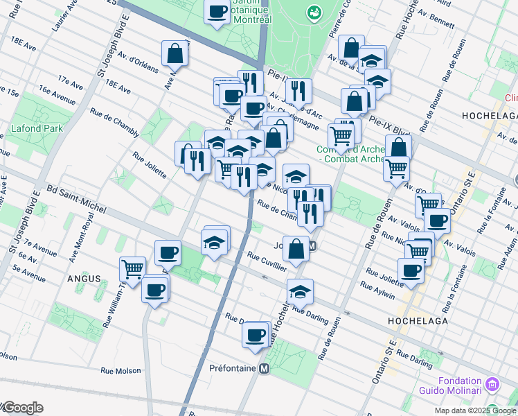 map of restaurants, bars, coffee shops, grocery stores, and more near 3630 Rue Sherbrooke Est in Montréal