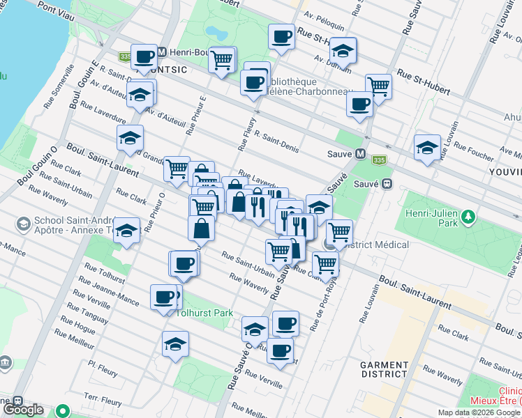 map of restaurants, bars, coffee shops, grocery stores, and more near 10130 Grande Allée in Montréal