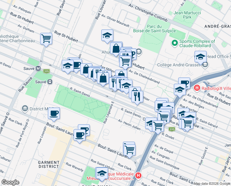 map of restaurants, bars, coffee shops, grocery stores, and more near 9100 Rue Lajeunesse in Montréal
