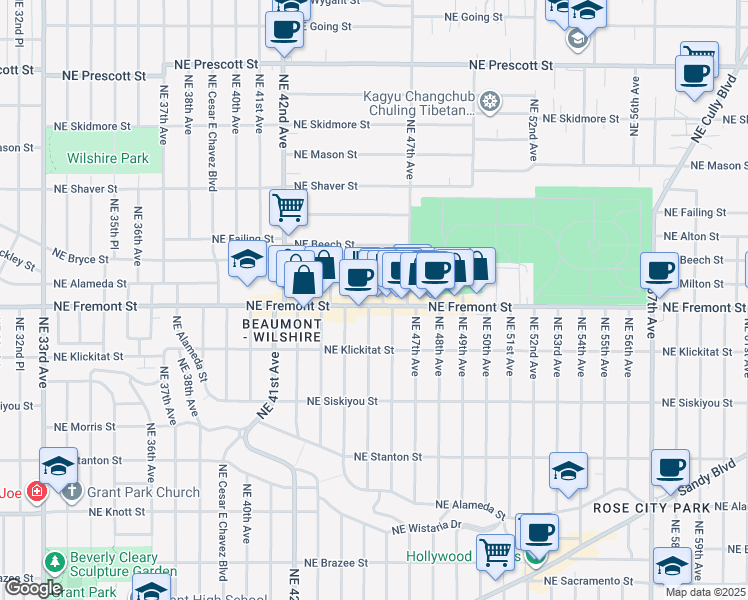 map of restaurants, bars, coffee shops, grocery stores, and more near 4525 Northeast Fremont Street in Portland