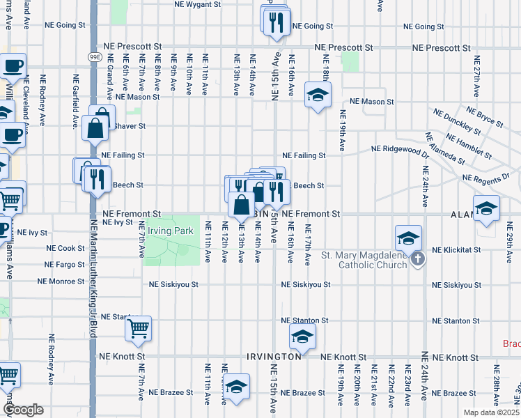 map of restaurants, bars, coffee shops, grocery stores, and more near 3619 Northeast 14th Avenue in Portland