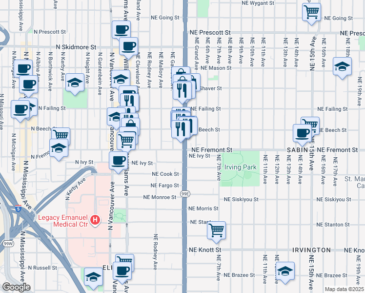 map of restaurants, bars, coffee shops, grocery stores, and more near 3606 Northeast Garfield Avenue in Portland