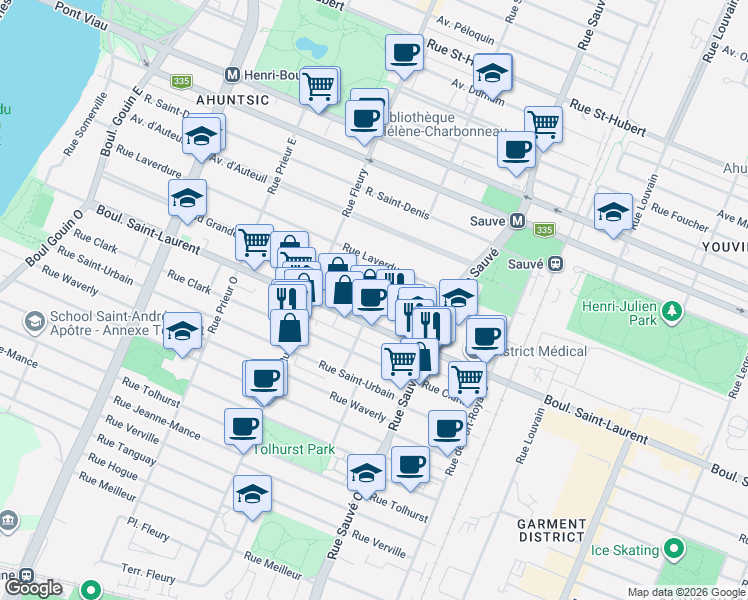 map of restaurants, bars, coffee shops, grocery stores, and more near 10130 Grande Allée in Montréal