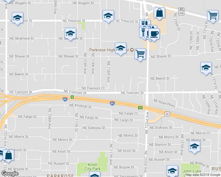 map of restaurants, bars, coffee shops, grocery stores, and more near 11610 Northeast Fremont Court in Portland