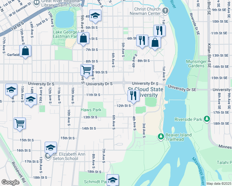 map of restaurants, bars, coffee shops, grocery stores, and more near 1028 6th Avenue South in St. Cloud