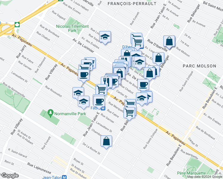 map of restaurants, bars, coffee shops, grocery stores, and more near 1857 Rue Jean-Talon Est in Montréal