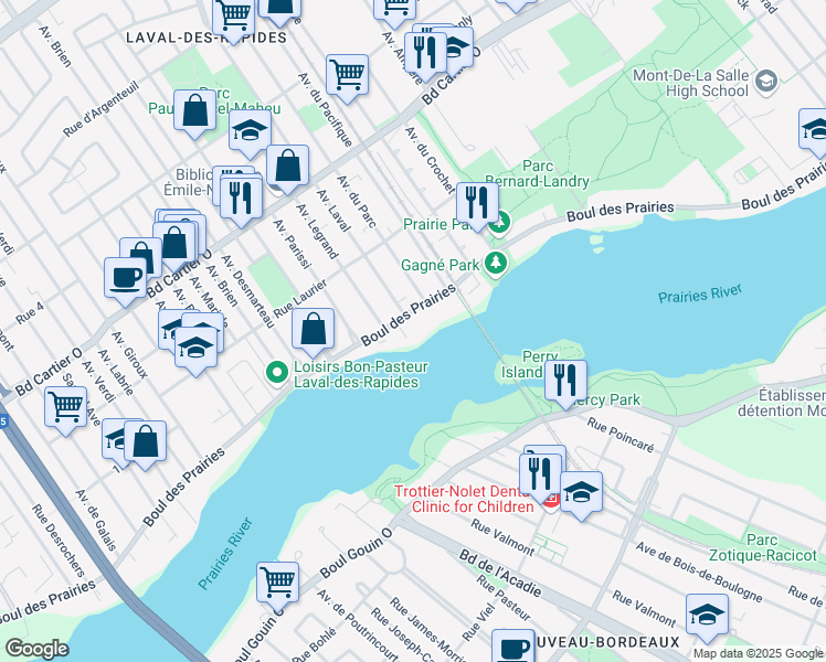 map of restaurants, bars, coffee shops, grocery stores, and more near 318 Boulevard des Prairies in Laval