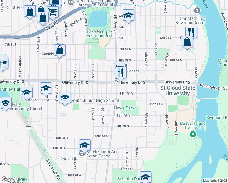 map of restaurants, bars, coffee shops, grocery stores, and more near 1027 9th Avenue South in St. Cloud