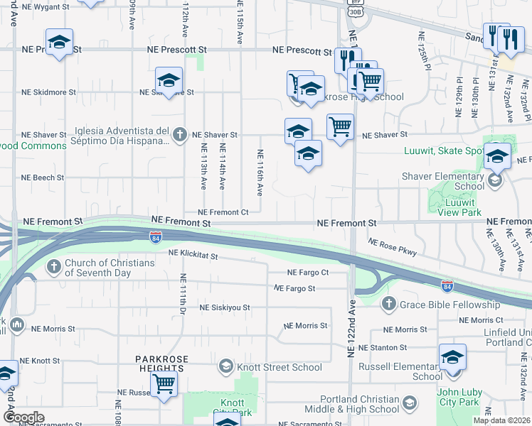 map of restaurants, bars, coffee shops, grocery stores, and more near 11610 Northeast Fremont Court in Portland