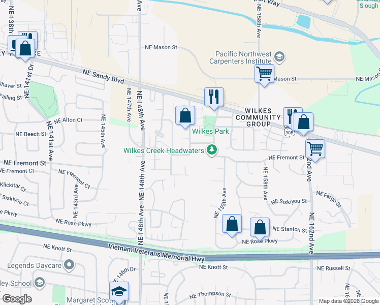 map of restaurants, bars, coffee shops, grocery stores, and more near 3705 Northeast 152nd Avenue in Portland