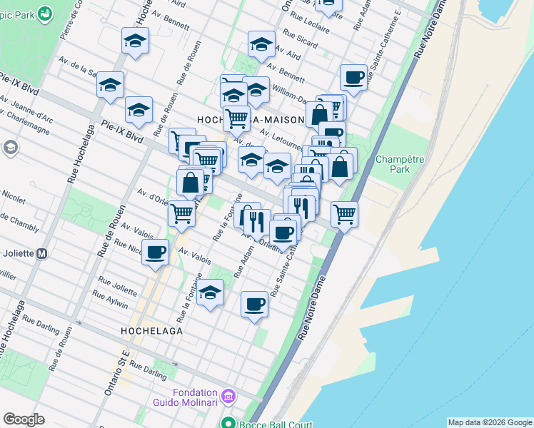map of restaurants, bars, coffee shops, grocery stores, and more near 4037 Rue Adam in Montréal