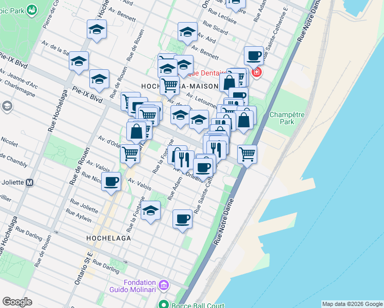 map of restaurants, bars, coffee shops, grocery stores, and more near 4037 Rue Adam in Montréal