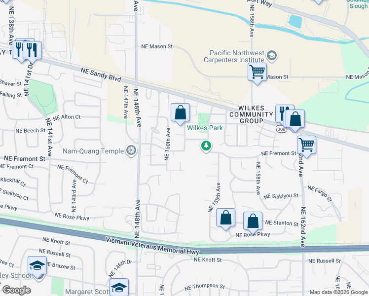 map of restaurants, bars, coffee shops, grocery stores, and more near 3705 Northeast 152nd Avenue in Portland