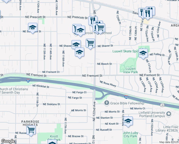 map of restaurants, bars, coffee shops, grocery stores, and more near 3571-3573 Northeast 122nd Avenue in Portland